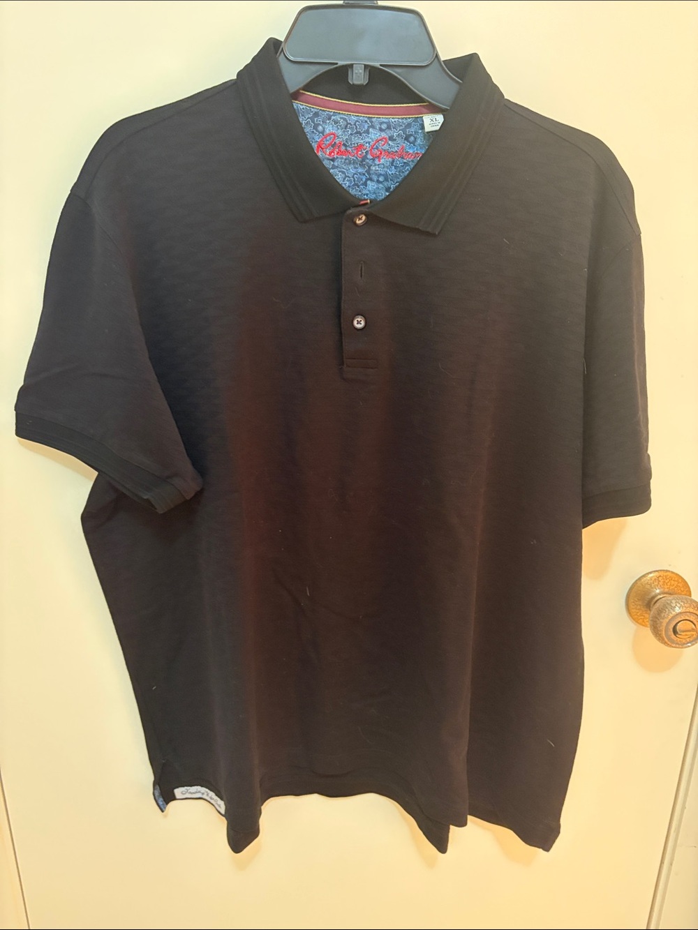 Robert Graham Black Short-Sleeve Polo with Patterned Collar Trim